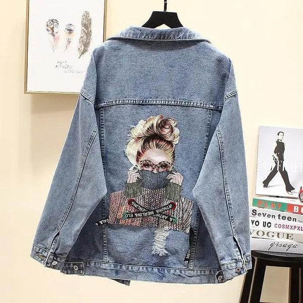 New Sizzling Women's Denim Jacket Fashionable Streetwear Letter Stylish Chic Printed Ripped Holes Jean Patchwork Jeans Female Coat