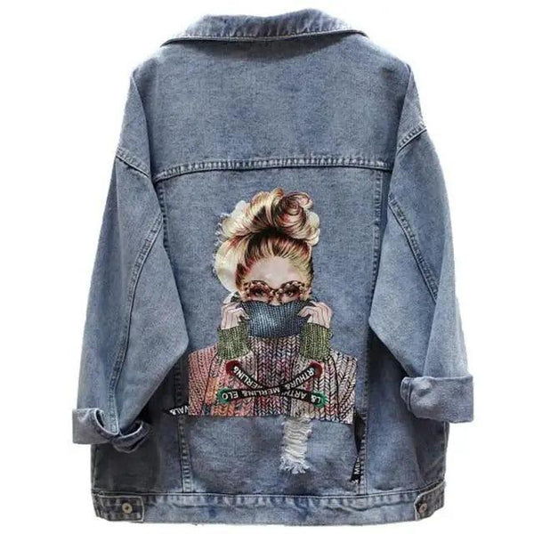 New Sizzling Women's Denim Jacket Fashionable Streetwear Letter Stylish Chic Printed Ripped Holes Jean Patchwork Jeans Female Coat