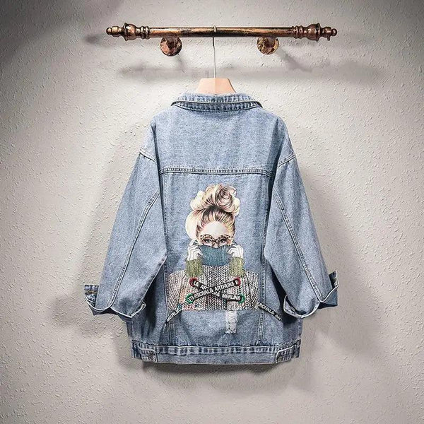 New Sizzling Women's Denim Jacket Fashionable Streetwear Letter Stylish Chic Printed Ripped Holes Jean Patchwork Jeans Female Coat