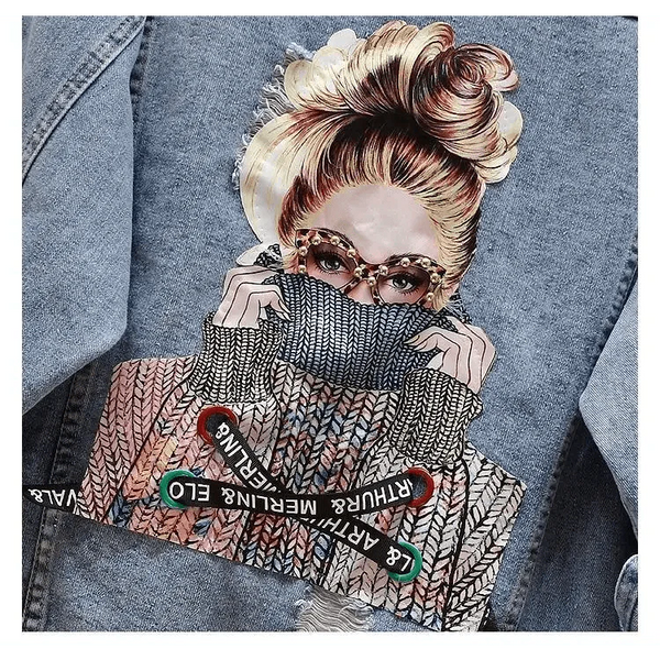 New Sizzling Women's Denim Jacket Fashionable Streetwear Letter Stylish Chic Printed Ripped Holes Jean Patchwork Jeans Female Coat