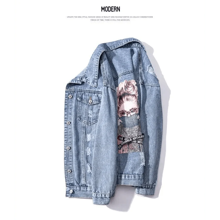 New Sizzling Women's Denim Jacket Fashionable Streetwear Letter Stylish Chic Printed Ripped Holes Jean Patchwork Jeans Female Coat