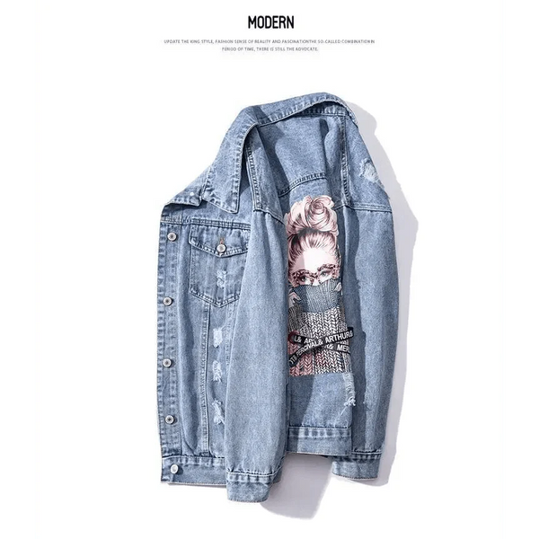 New Sizzling Women's Denim Jacket Fashionable Streetwear Letter Stylish Chic Printed Ripped Holes Jean Patchwork Jeans Female Coat