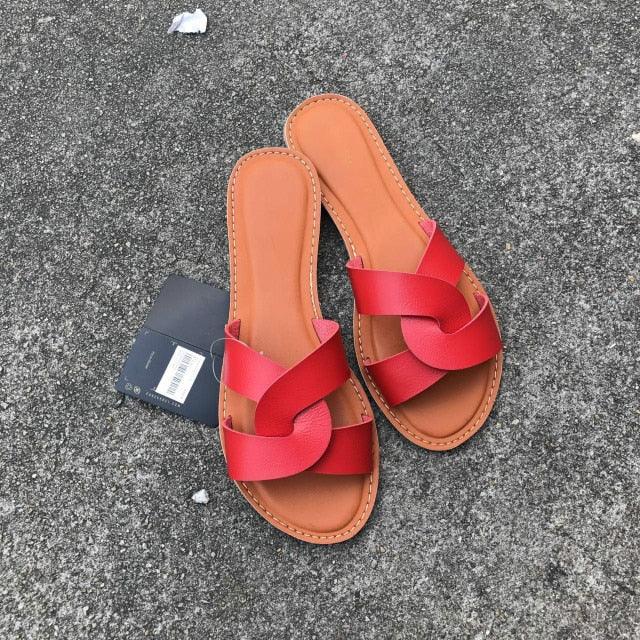 New Slides Women Summer Slippers Outdoor Summer Beach Shoes Fashion Slip-On Woman Slippers Leather Sandals Women's Flip Flops Leather Slide Beach Pool Slipper Sandals