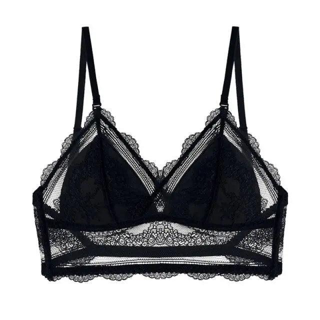 New Splendid French Style Lingerie Soft Bralette Deep V Lace Wireless Triangular Padded Cups Backless Bra