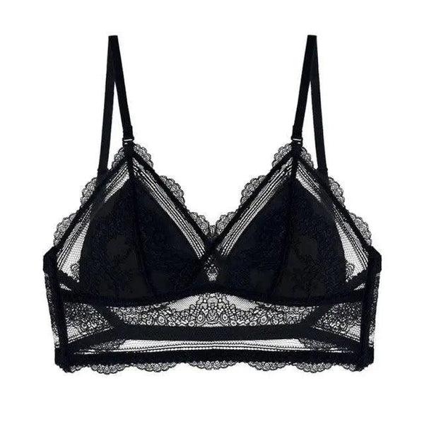 New Splendid French Style Lingerie Soft Bralette Deep V Lace Wireless Triangular Padded Cups Backless Bra