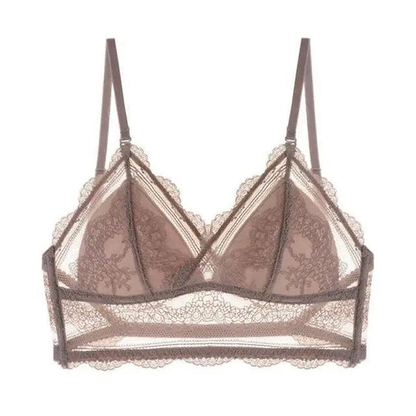 New Splendid French Style Lingerie Soft Bralette Deep V Lace Wireless Triangular Padded Cups Backless Bra