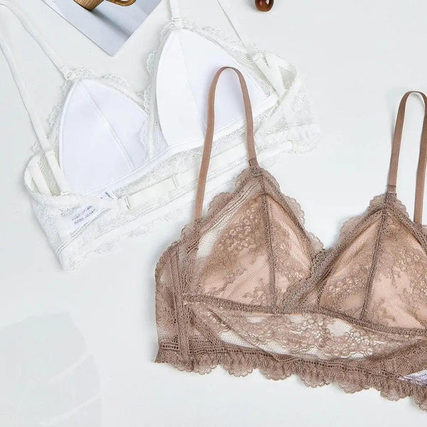 New Splendid French Style Lingerie Soft Bralette Deep V Lace Wireless Triangular Padded Cups Backless Bra