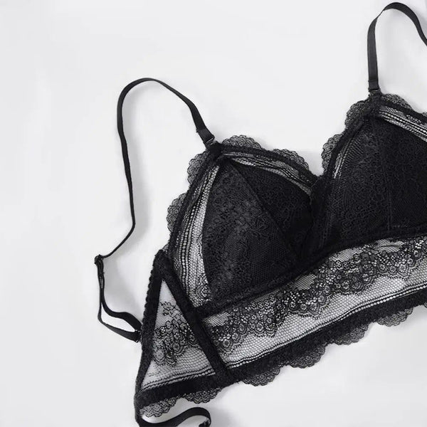 New Splendid French Style Lingerie Soft Bralette Deep V Lace Wireless Triangular Padded Cups Backless Bra