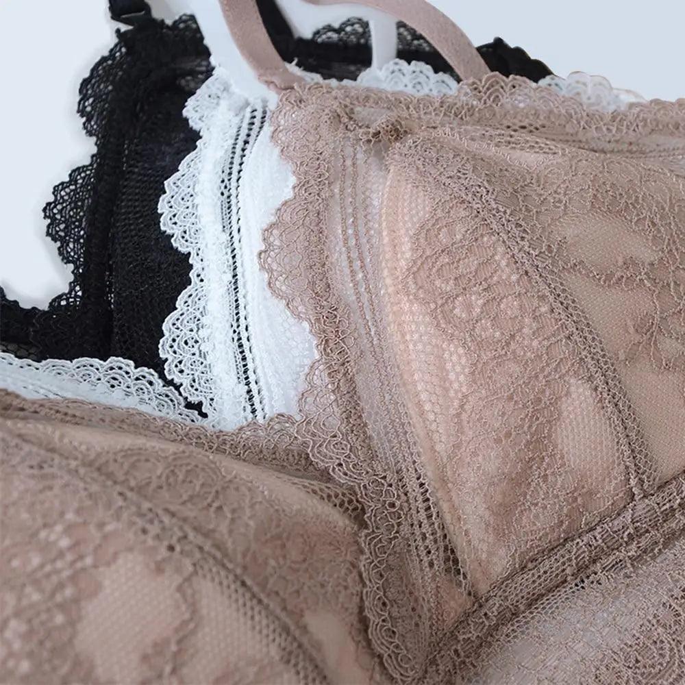 New Splendid French Style Lingerie Soft Bralette Deep V Lace Wireless Triangular Padded Cups Backless Bra