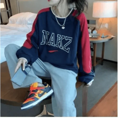 New Spring Autumn O-Neck Pullover Women Loose Clothes Oversized Sweatshirt Vintage Oversized Sweatshirt Women Embroidered Retro Letter Print Long Sleeve Shirt Crew Neck Sweatshirt