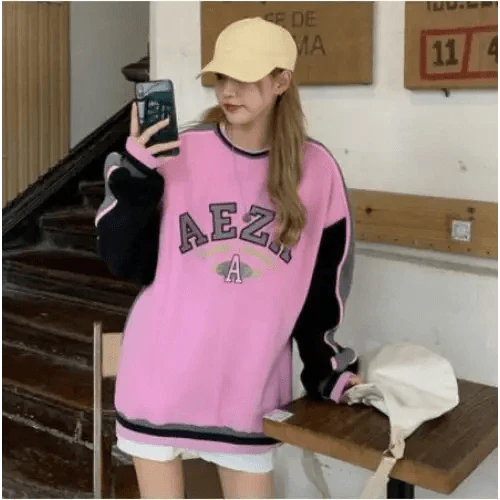 New Spring Autumn O-Neck Pullover Women Loose Clothes Oversized Sweatshirt Vintage Oversized Sweatshirt Women Embroidered Retro Letter Print Long Sleeve Shirt Crew Neck Sweatshirt
