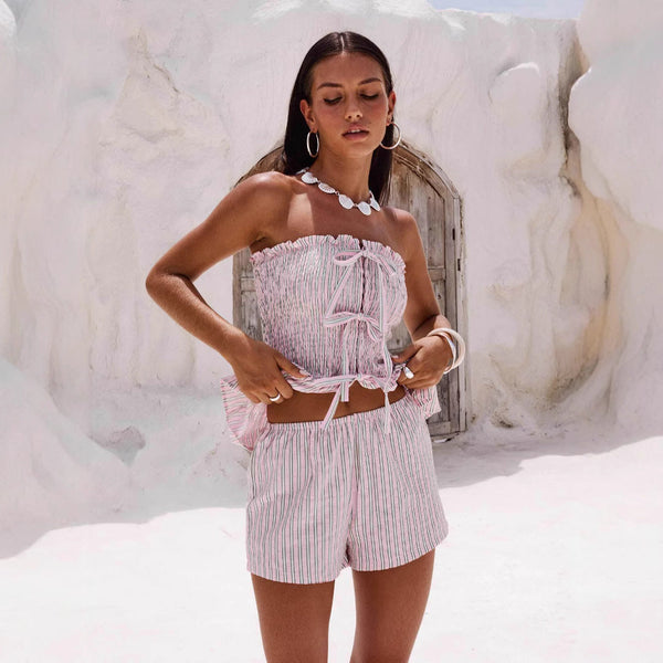 New strapless slim fit olive top shorts set for casual vacation style summer