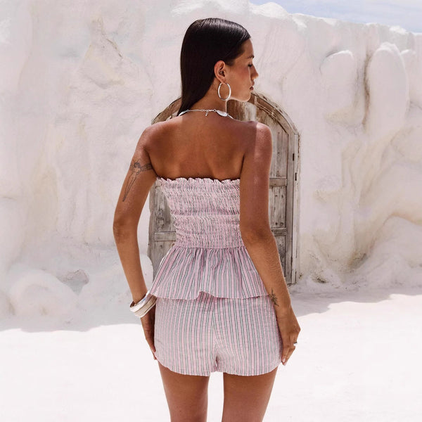 New strapless slim fit olive top shorts set for casual vacation style summer