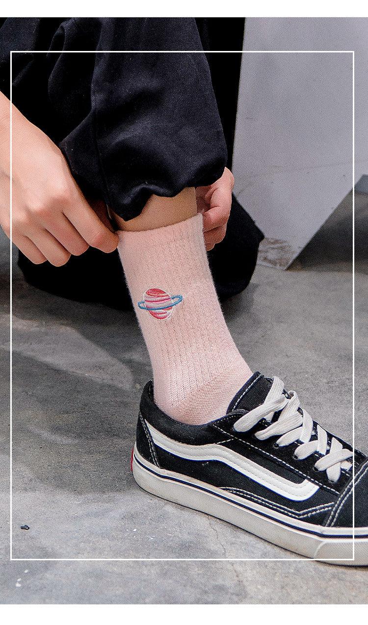 Combed Out Of Pure Cotton Socks Autumn Cute Japanese Harajuku Planet Magic Array Embroidery Long Socks Korean Style Kawaii Girls Socks For Men And Women