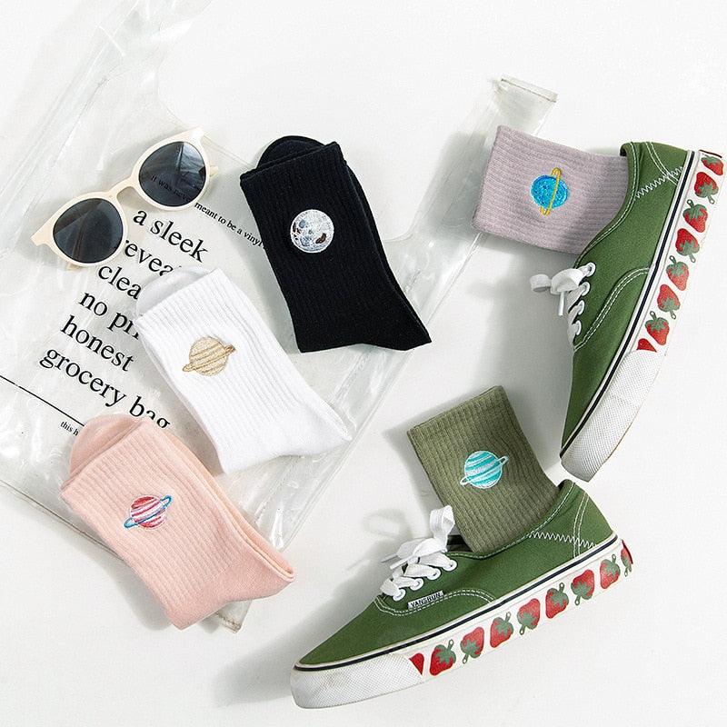 Combed Out Of Pure Cotton Socks Autumn Cute Japanese Harajuku Planet Magic Array Embroidery Long Socks Korean Style Kawaii Girls Socks For Men And Women