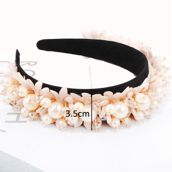 Flower Pearl Headbands Crystal Beads Embellishment Wide Hairbands Women Wedding Party Crown Tiara Gorgeous Hair Accessories For Women