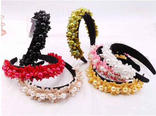 Flower Pearl Headbands Crystal Beads Embellishment Wide Hairbands Women Wedding Party Crown Tiara Gorgeous Hair Accessories For Women