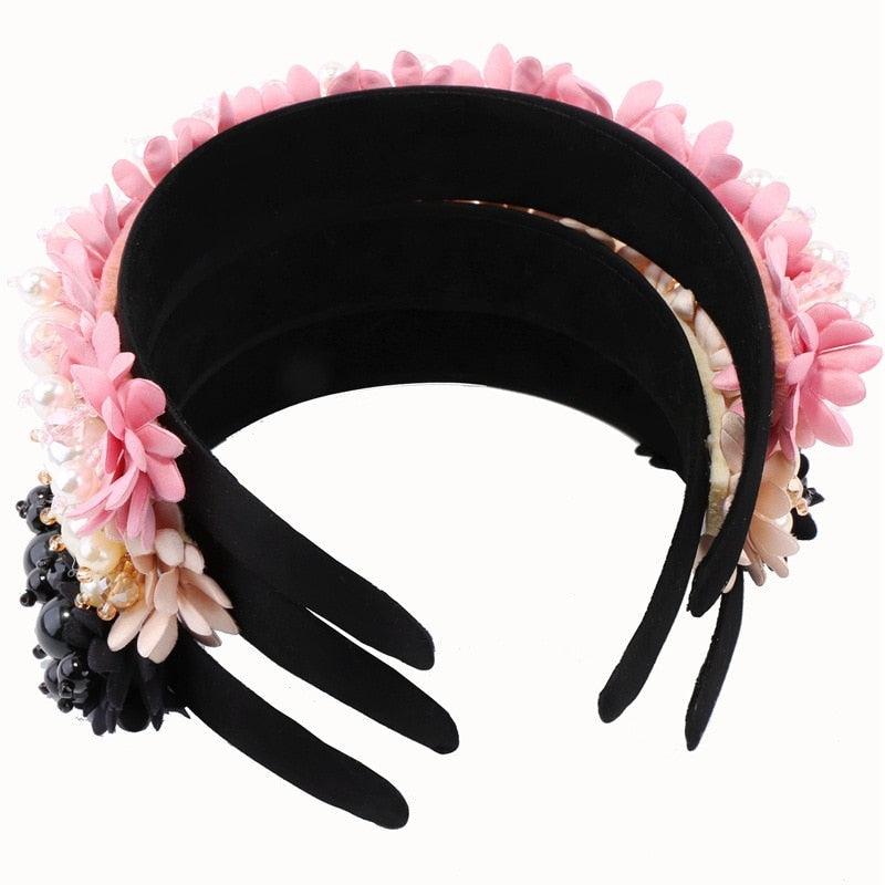 Flower Pearl Headbands Crystal Beads Embellishment Wide Hairbands Women Wedding Party Crown Tiara Gorgeous Hair Accessories For Women