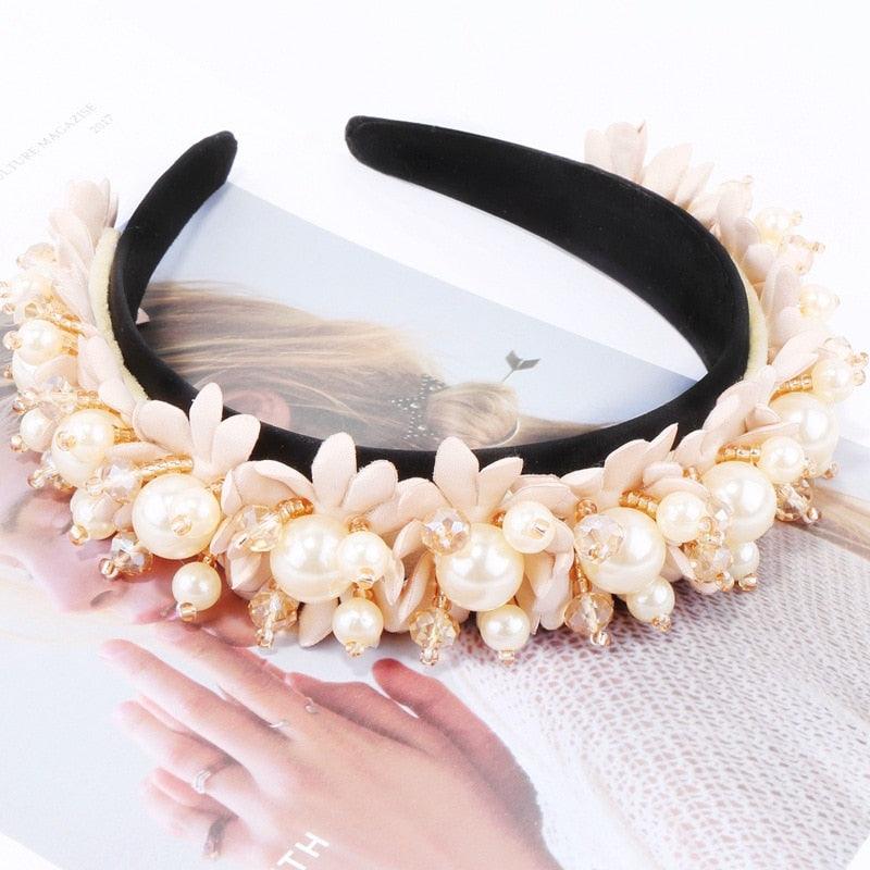Flower Pearl Headbands Crystal Beads Embellishment Wide Hairbands Women Wedding Party Crown Tiara Gorgeous Hair Accessories For Women