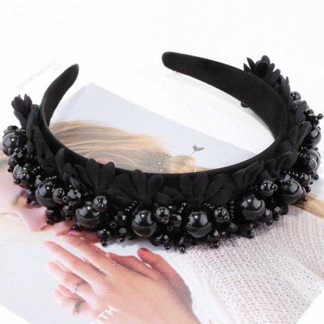 Flower Pearl Headbands Crystal Beads Embellishment Wide Hairbands Women Wedding Party Crown Tiara Gorgeous Hair Accessories For Women