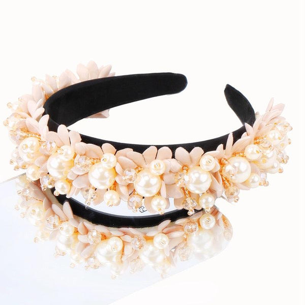 Flower Pearl Headbands Crystal Beads Embellishment Wide Hairbands Women Wedding Party Crown Tiara Gorgeous Hair Accessories For Women