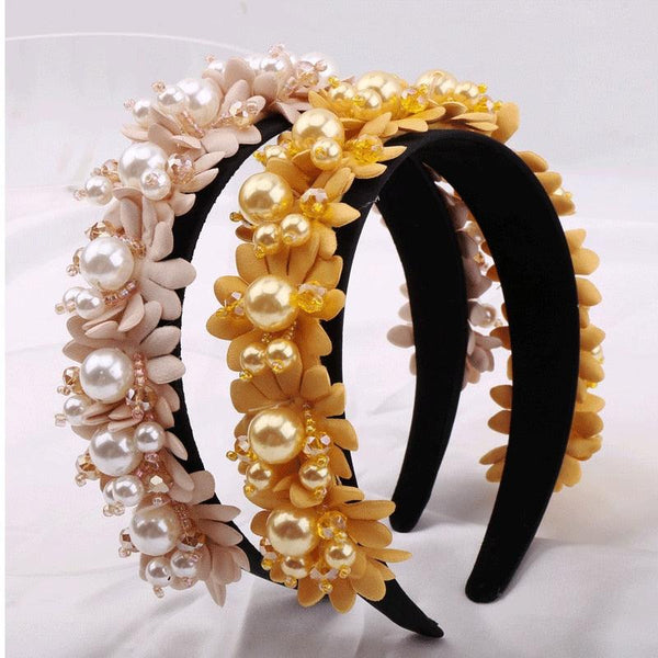 Flower Pearl Headbands Crystal Beads Embellishment Wide Hairbands Women Wedding Party Crown Tiara Gorgeous Hair Accessories For Women