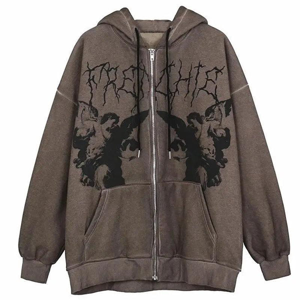 New Trendy Vintage Hip Hop Streetwear Women Hoodies Angel Dark Print Zipper Jacket Coat Hooded Top Clothes Men Women Punk Outwear