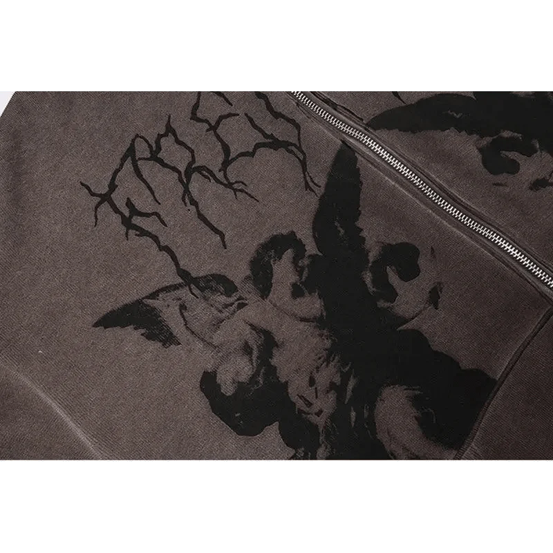 New Trendy Vintage Hip Hop Streetwear Women Hoodies Angel Dark Print Zipper Jacket Coat Hooded Top Clothes Men Women Punk Outwear