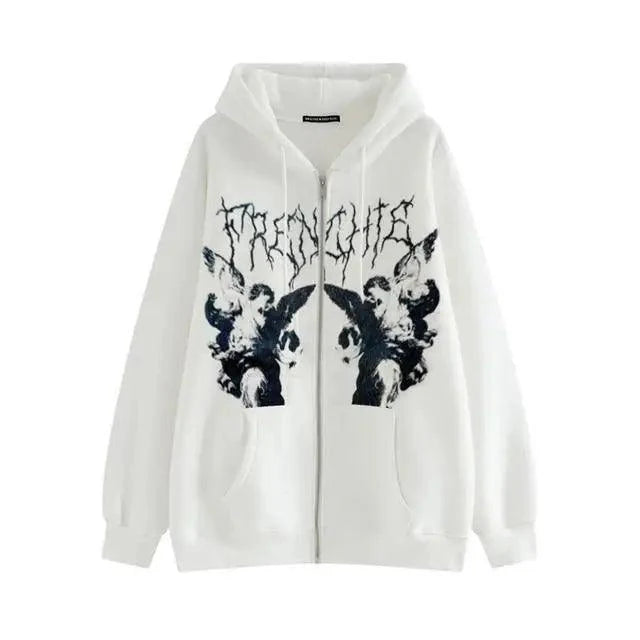 New Trendy Vintage Hip Hop Streetwear Women Hoodies Angel Dark Print Zipper Jacket Coat Hooded Top Clothes Men Women Punk Outwear