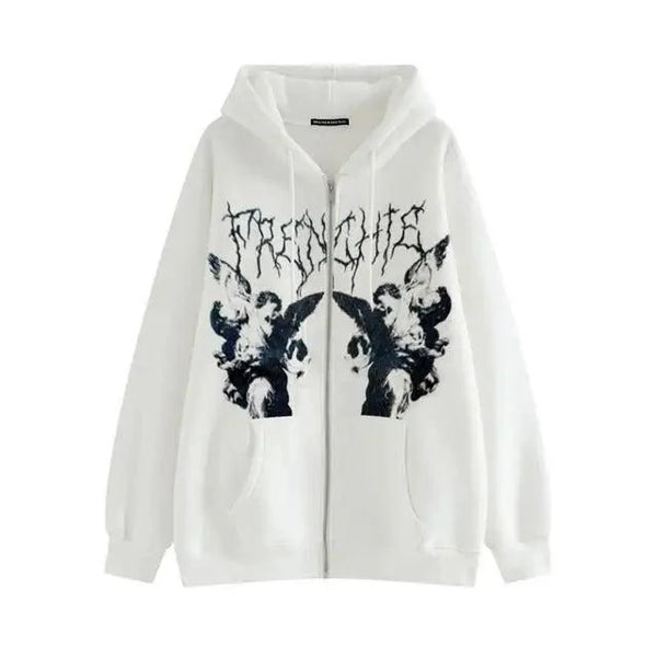New Trendy Vintage Hip Hop Streetwear Women Hoodies Angel Dark Print Zipper Jacket Coat Hooded Top Clothes Men Women Punk Outwear