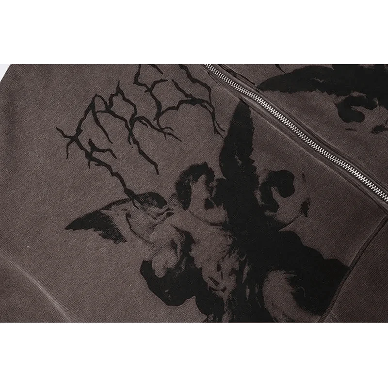 New Trendy Vintage Hip Hop Streetwear Women Hoodies Angel Dark Print Zipper Jacket Coat Hooded Top Clothes Men Women Punk Outwear