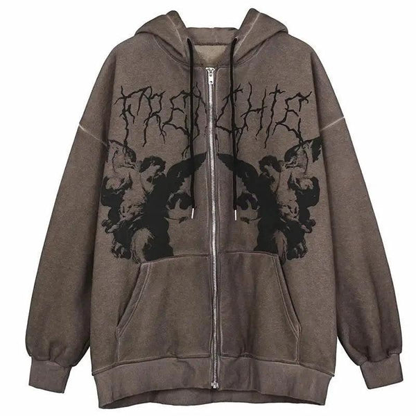 New Trendy Vintage Hip Hop Streetwear Women Hoodies Angel Dark Print Zipper Jacket Coat Hooded Top Clothes Men Women Punk Outwear