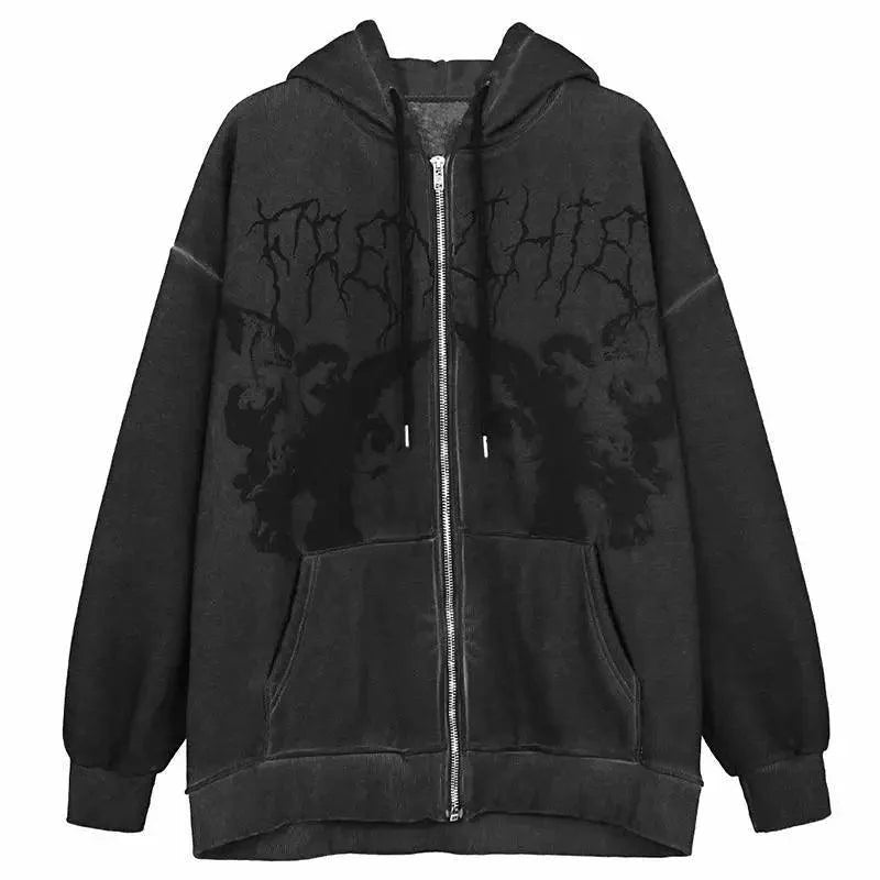 New Trendy Vintage Hip Hop Streetwear Women Hoodies Angel Dark Print Zipper Jacket Coat Hooded Top Clothes Men Women Punk Outwear