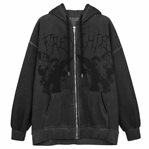 New Trendy Vintage Hip Hop Streetwear Women Hoodies Angel Dark Print Zipper Jacket Coat Hooded Top Clothes Men Women Punk Outwear