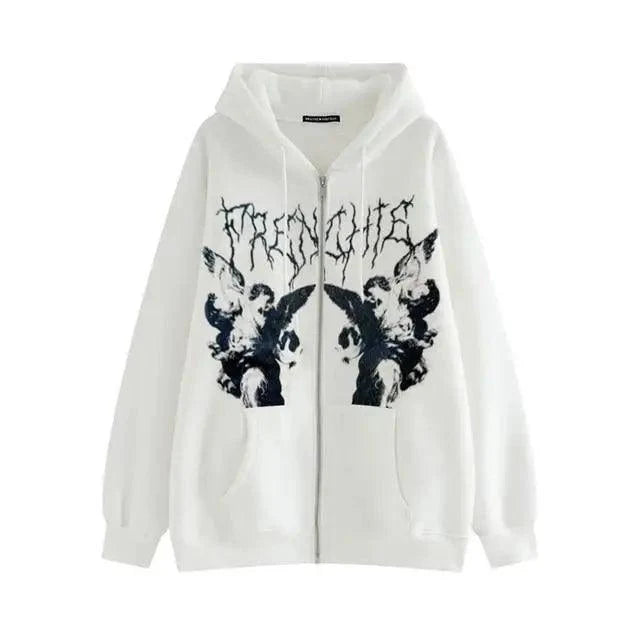 New Trendy Vintage Hip Hop Streetwear Women Hoodies Angel Dark Print Zipper Jacket Coat Hooded Top Clothes Men Women Punk Outwear