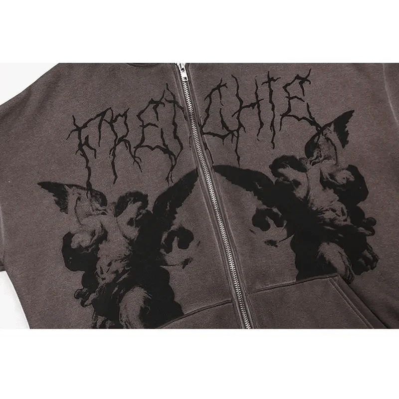 New Trendy Vintage Hip Hop Streetwear Women Hoodies Angel Dark Print Zipper Jacket Coat Hooded Top Clothes Men Women Punk Outwear