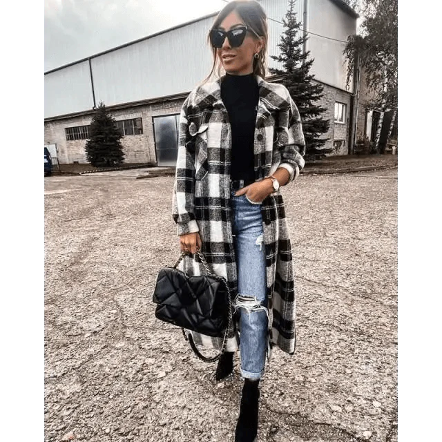 New Trendy Women's Coat Autumn Winter Long Sleeve Red Plaid Jacket Women Lapel Single Breasted Cardigan Coat Turndown Collar Women Coat