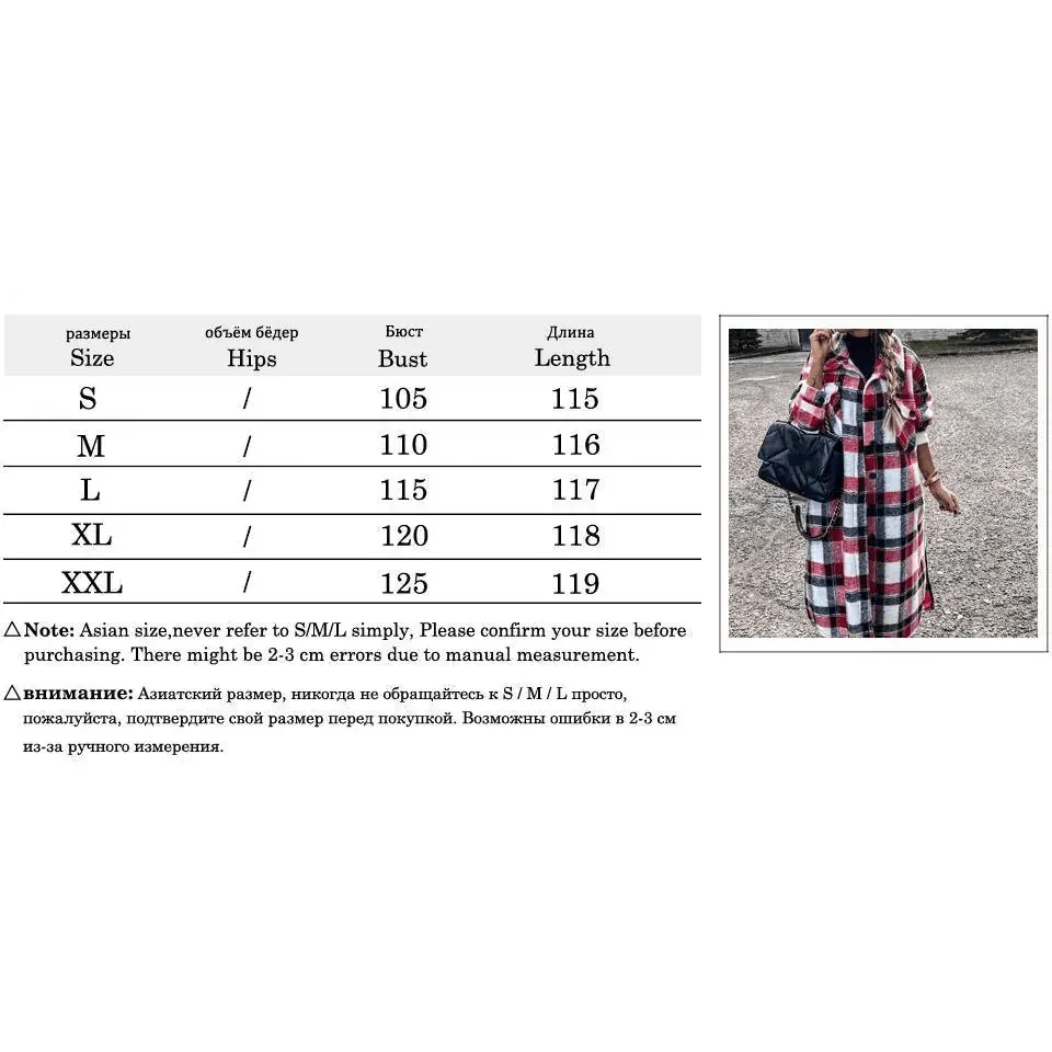 New Trendy Women's Coat Autumn Winter Long Sleeve Red Plaid Jacket Women Lapel Single Breasted Cardigan Coat Turndown Collar Women Coat