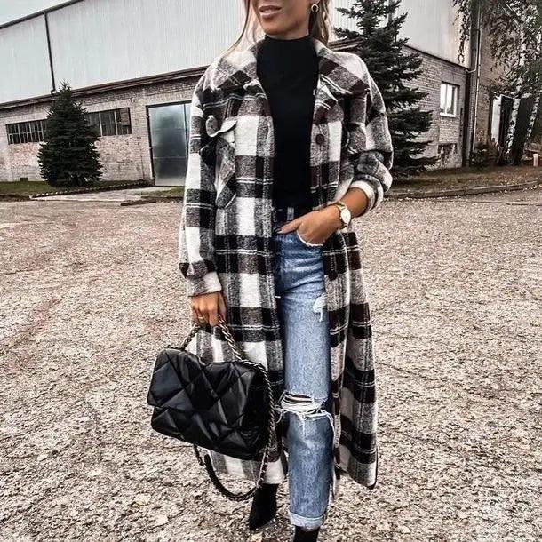 New Trendy Women's Coat Autumn Winter Long Sleeve Red Plaid Jacket Women Lapel Single Breasted Cardigan Coat Turndown Collar Women Coat