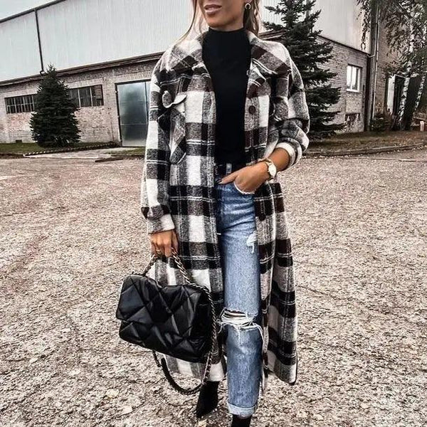 New Trendy Women's Coat Autumn Winter Long Sleeve Red Plaid Jacket Women Lapel Single Breasted Cardigan Coat Turndown Collar Women Coat