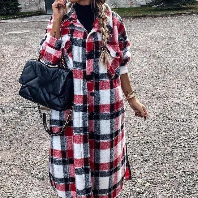 New Trendy Women's Coat Autumn Winter Long Sleeve Red Plaid Jacket Women Lapel Single Breasted Cardigan Coat Turndown Collar Women Coat
