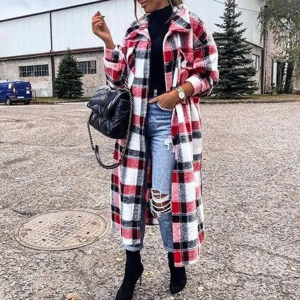 New Trendy Women's Coat Autumn Winter Long Sleeve Red Plaid Jacket Women Lapel Single Breasted Cardigan Coat Turndown Collar Women Coat