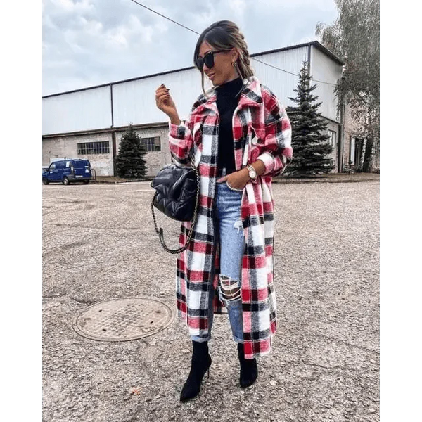 New Trendy Women's Coat Autumn Winter Long Sleeve Red Plaid Jacket Women Lapel Single Breasted Cardigan Coat Turndown Collar Women Coat