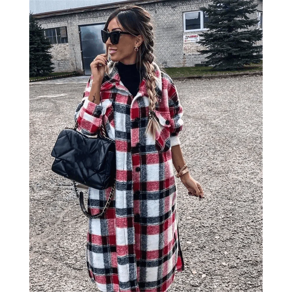 New Trendy Women's Coat Autumn Winter Long Sleeve Red Plaid Jacket Women Lapel Single Breasted Cardigan Coat Turndown Collar Women Coat