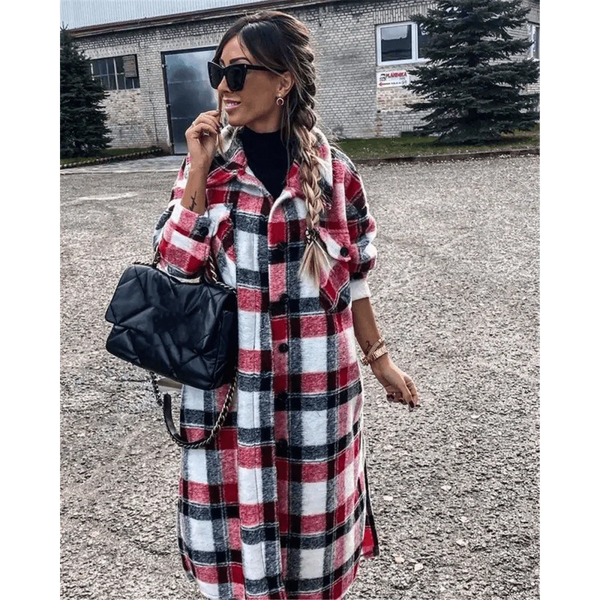 New Trendy Women's Coat Autumn Winter Long Sleeve Red Plaid Jacket Women Lapel Single Breasted Cardigan Coat Turndown Collar Women Coat