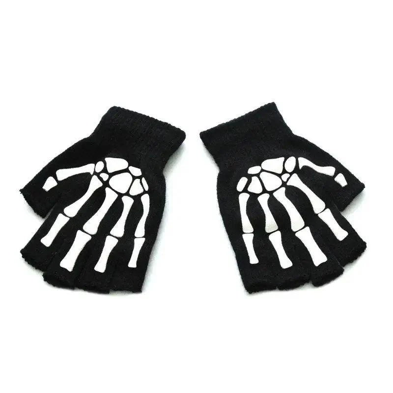 New TrendyHalf Finger Gloves Glow  Dark Fingerless Stretch Knitted Winter Mittens Men/Women's Skeleton Pattern Knit Gloves Fingerless Gloves