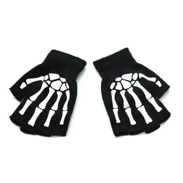 New TrendyHalf Finger Gloves Glow  Dark Fingerless Stretch Knitted Winter Mittens Men/Women's Skeleton Pattern Knit Gloves Fingerless Gloves