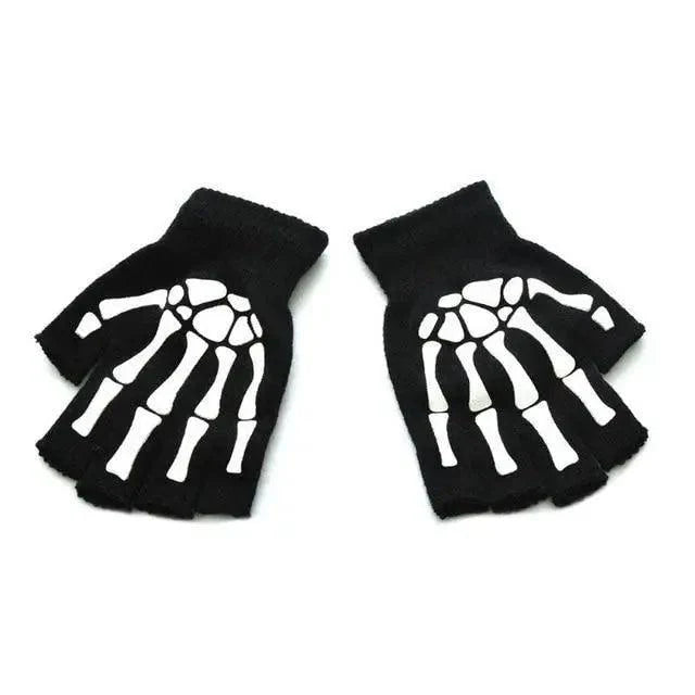 New TrendyHalf Finger Gloves Glow  Dark Fingerless Stretch Knitted Winter Mittens Men/Women's Skeleton Pattern Knit Gloves Fingerless Gloves