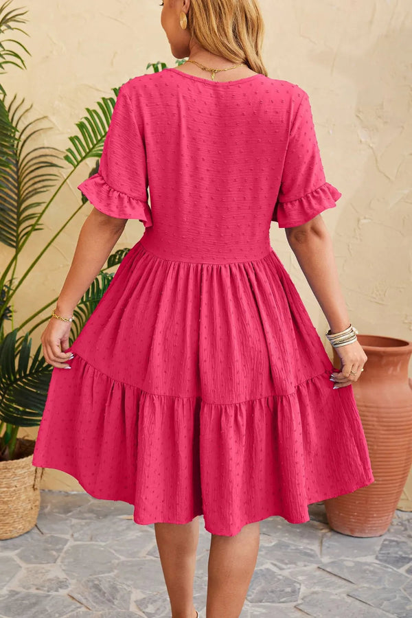 New V-neck jacquard waist cinched five quarter sleeve pleated dress