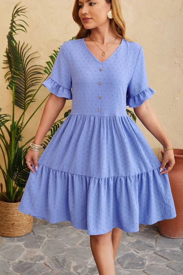 New V-neck jacquard waist cinched five quarter sleeve pleated dress